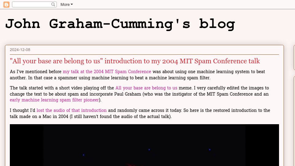 Screenshot of blog.jgc.org: "All your base are belong to us" intro to my 2004 MIT Spam Conference talk