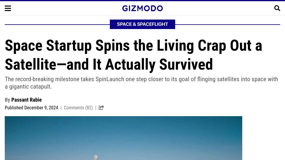 Screenshot of gizmodo.com: Space Startup Spins the Living Crap Out a Satellite–and It Survived
