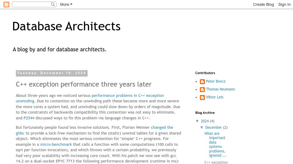 Screenshot of databasearchitects.blogspot.com: C++ exception performance three years later