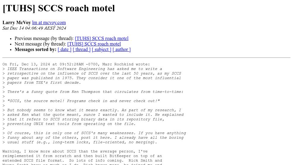 Screenshot of tuhs.org: SCCS roach motel