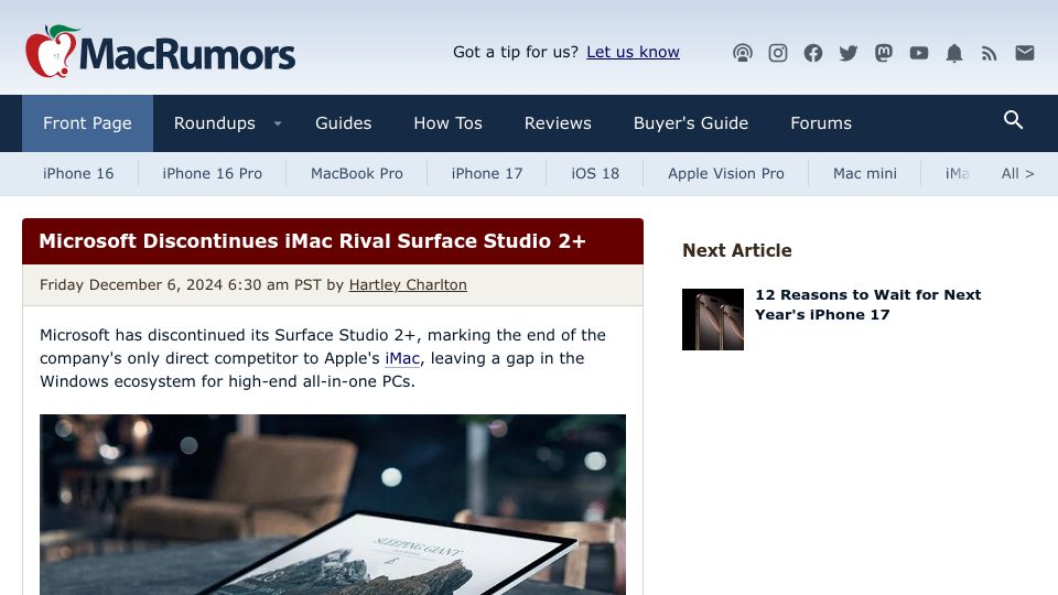 Screenshot of macrumors.com: Microsoft Discontinues iMac Rival Surface Studio 2