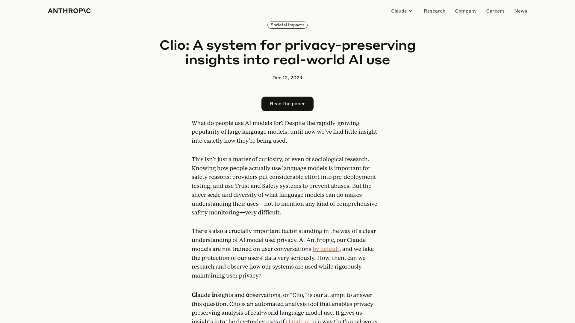 Screenshot of anthropic.com: Clio: A system for privacy-preserving insights into real-world AI use
