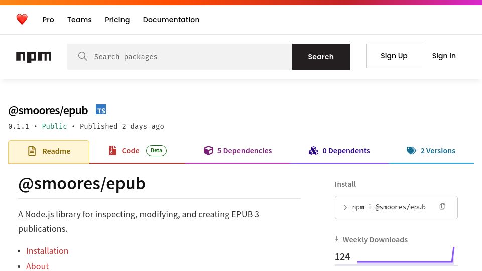 Screenshot of npmjs.com: Show HN: @smoores/epub, a JavaScript library for working with EPUB publications