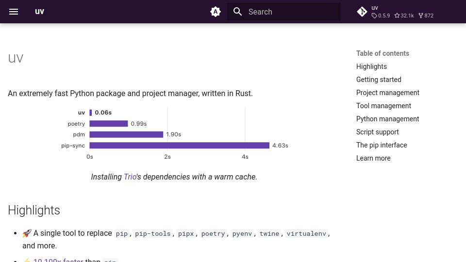 Screenshot of docs.astral.sh: Uv, a fast Python package and project manager