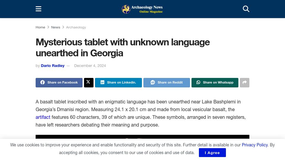 Screenshot of archaeologymag.com: Mysterious tablet with unknown language unearthed in Georgia