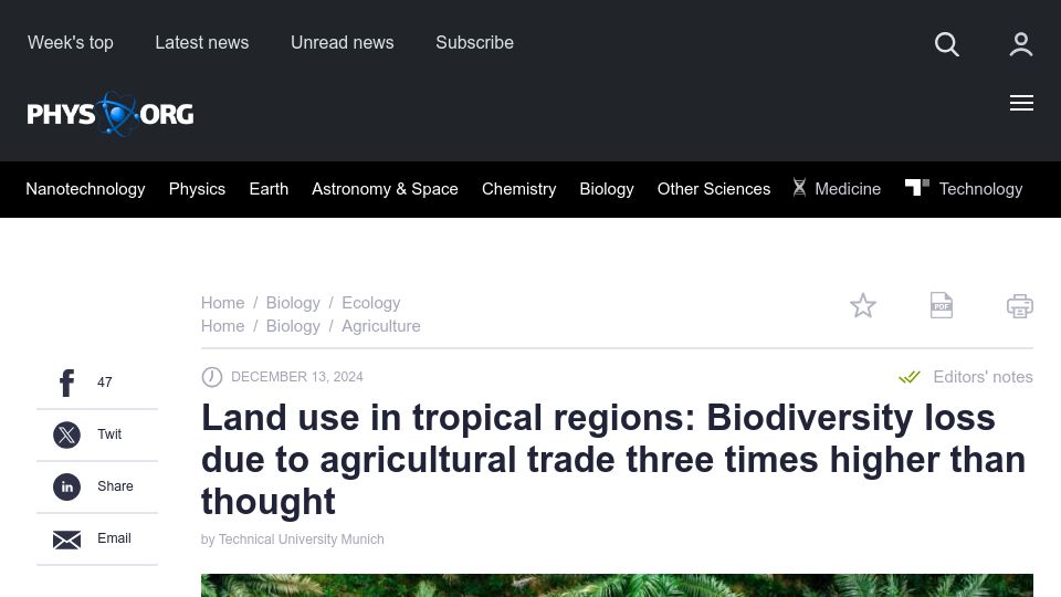 Screenshot of phys.org: Biodiversity loss due to agricultural trade three times higher than thought