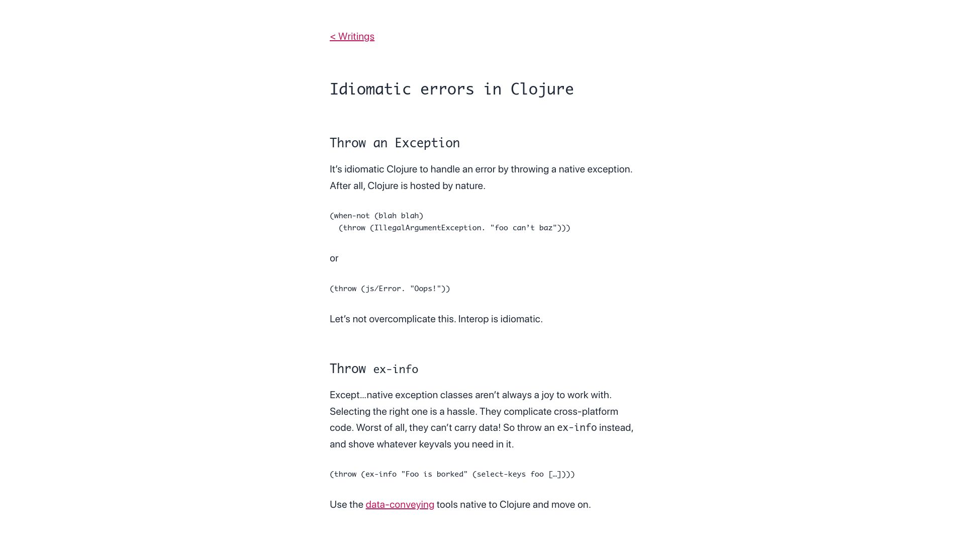Screenshot of daveliepmann.com: Idiomatic Errors in Clojure