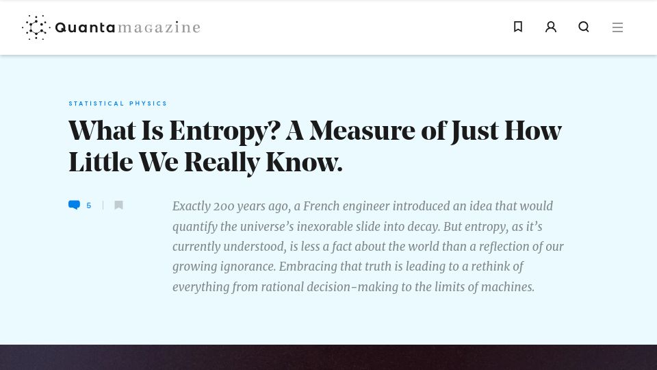 Screenshot of quantamagazine.org: What is entropy? A measure of just how little we know