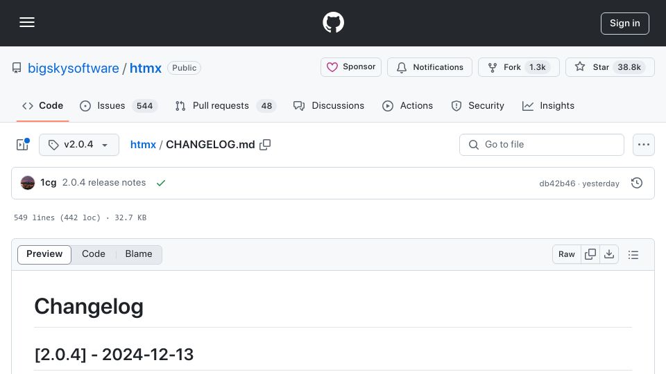 Screenshot of github.com: Htmx 2.0.4 Released