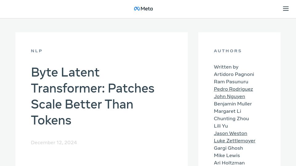 Screenshot of ai.meta.com: Byte Latent Transformer: Patches Scale Better Than Tokens