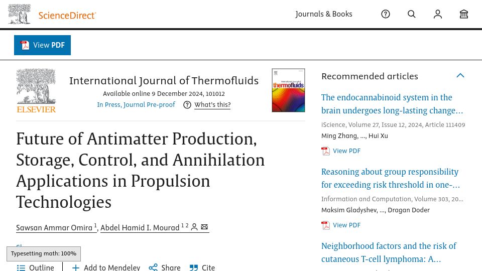 Screenshot of sciencedirect.com: Antimatter production, storage, control, annihilation applications in propulsion