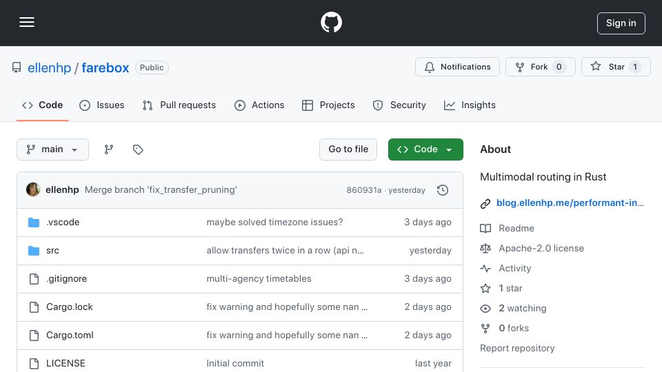 Screenshot of github.com: Show HN: Performant intracontinental public transport routing in Rust