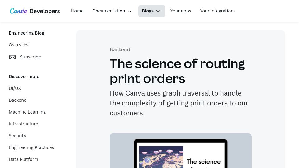 Screenshot of canva.dev: The science of routing print orders