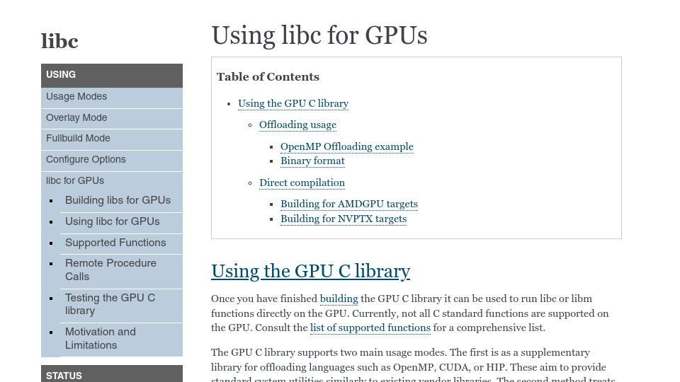 Screenshot of libc.llvm.org: Using Libc for GPUs