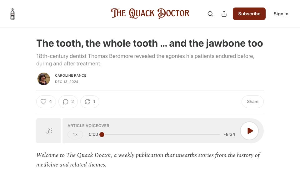 Screenshot of thequackdoctor.substack.com: The tooth, the whole tooth and the jawbone too
