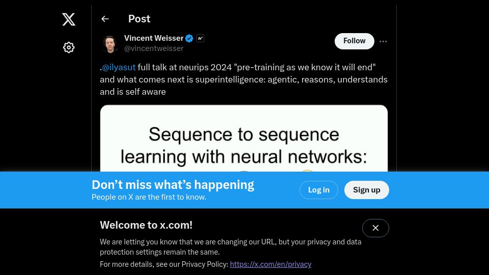 Screenshot of twitter.com: Ilya Sutskever Test of Time Talk "Pre-training as we know it will end"