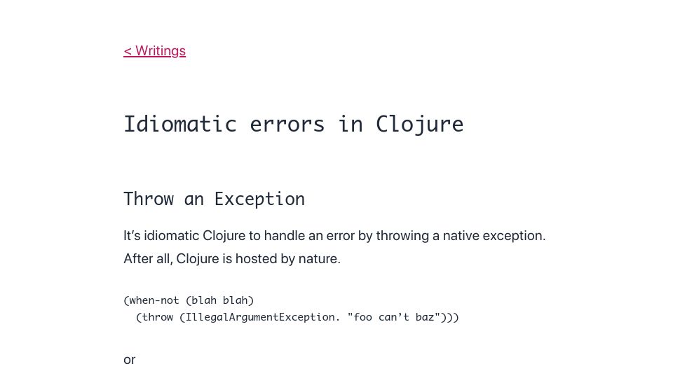 Screenshot of daveliepmann.com: Idiomatic Errors in Clojure