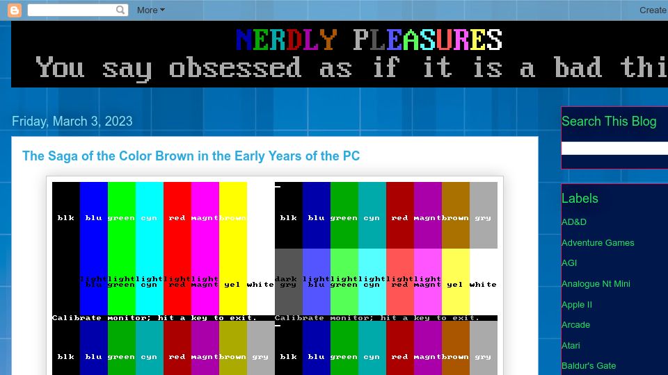 Screenshot of nerdlypleasures.blogspot.com: The Saga of the Color Brown in the Early Years of the PC (2023)