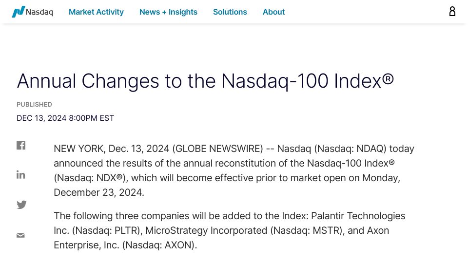 Screenshot of nasdaq.com: Palantir, MicroStrategy and Axon are now in the Nasdaq 100