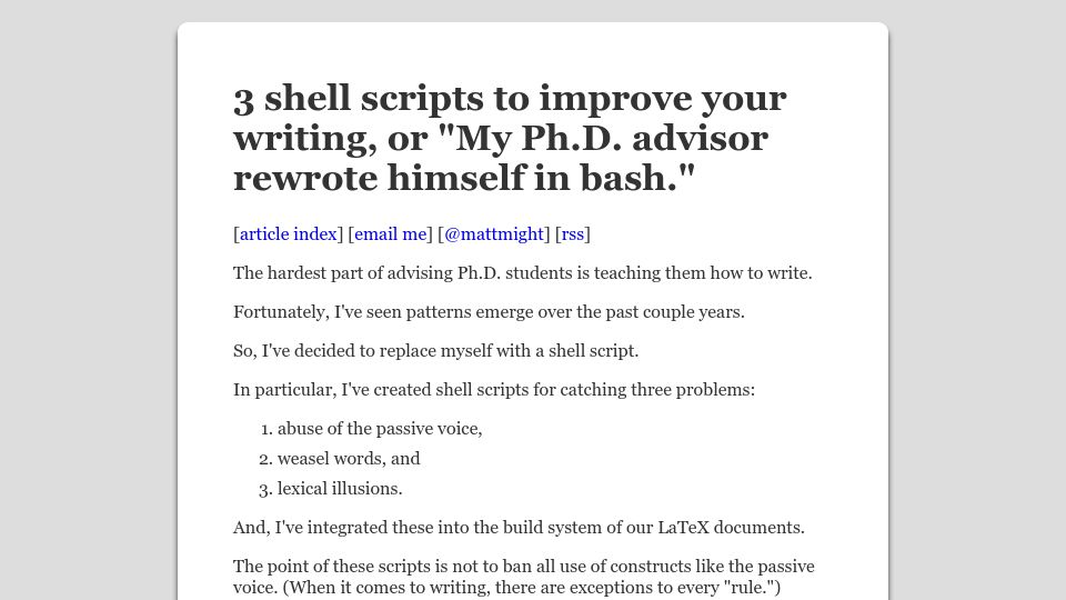 Screenshot of matt.might.net: My PhD advisor rewrote himself in bash (2010)