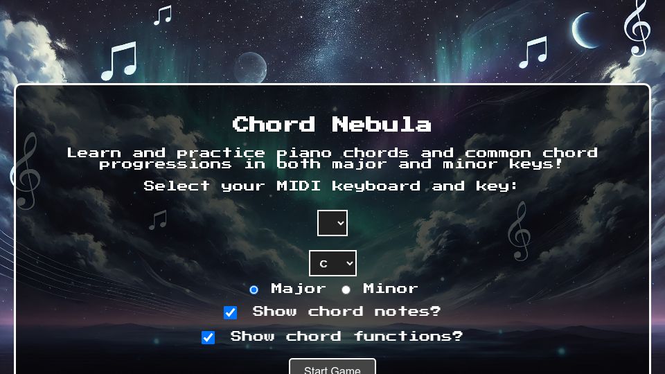 Screenshot of chords.yottanami.com: Show HN: A simple web game to help learn chords and basic progressions