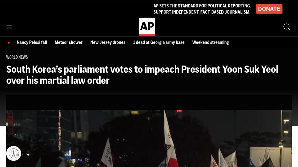 Screenshot of apnews.com: South Korea's parliament votes to impeach President over his martial law order