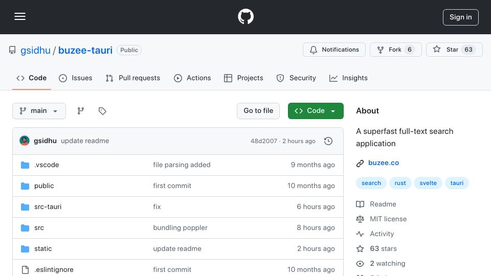 Screenshot of github.com: Show HN: Open-sourcing my failed startup Buzee – A file search application