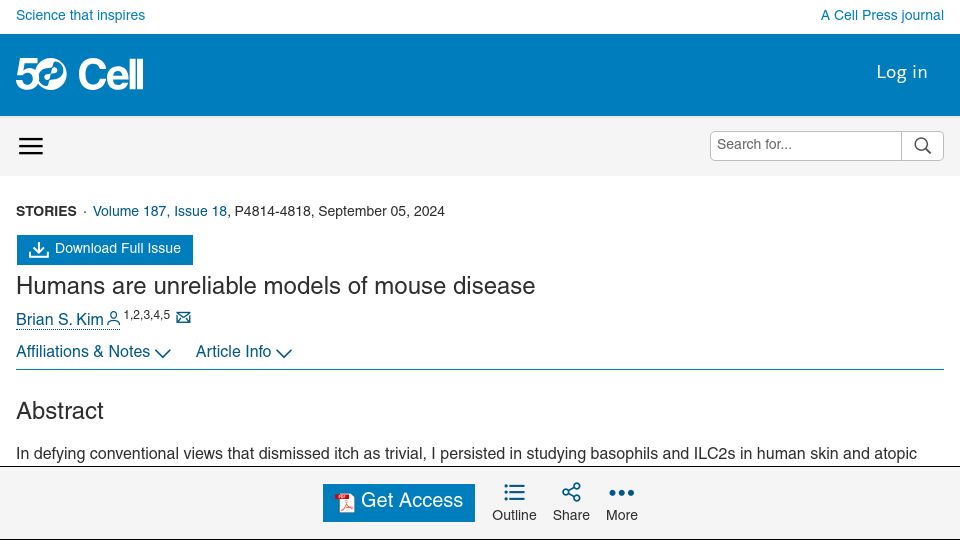 Screenshot of cell.com: Humans are unreliable models of mouse disease
