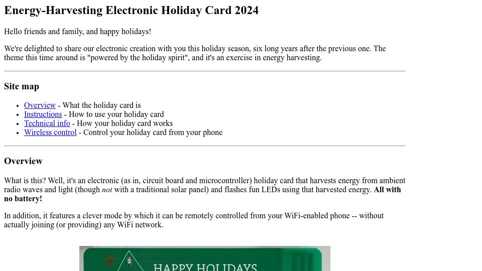 Screenshot of keacher.com: Energy-Harvesting Electronic Holiday Card 2024