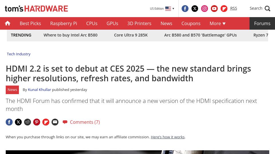Screenshot of tomshardware.com: HDMI 2.2 is set to debut at CES 2025
