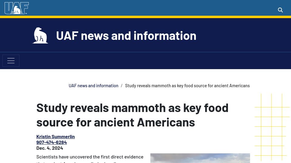Screenshot of uaf.edu: Study reveals mammoth as key food source for ancient Americans