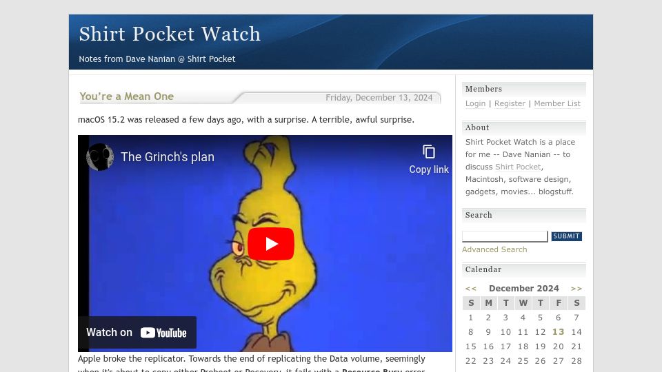 Screenshot of shirtpocket.com: macOS 15.2 breaks the ability to copy the OS to another drive