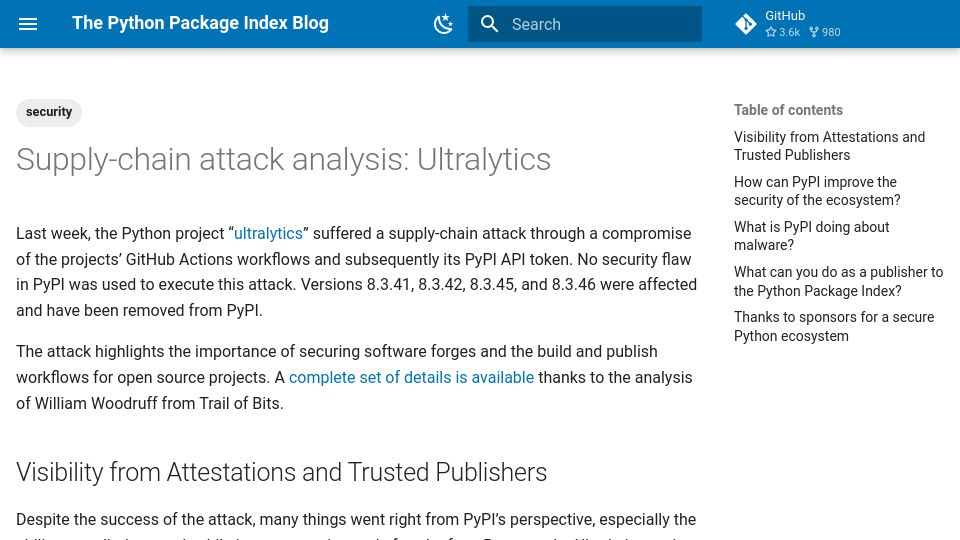 Screenshot of blog.pypi.org: Analysis of supply-chain attack on Ultralytics