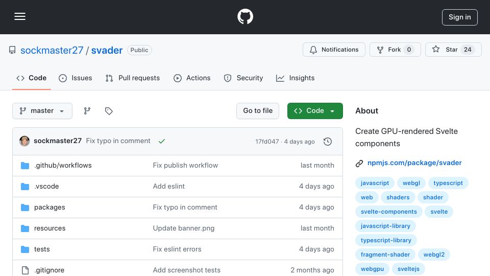 Screenshot of github.com: Show HN: Svader – Create GPU-rendered Svelte components