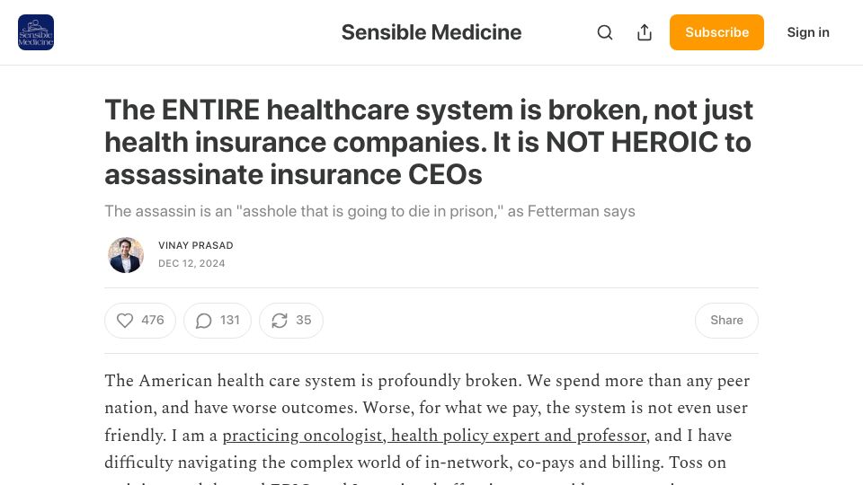 Screenshot of sensible-med.com: The ENTIRE healthcare system is broken, not just health insurance companies