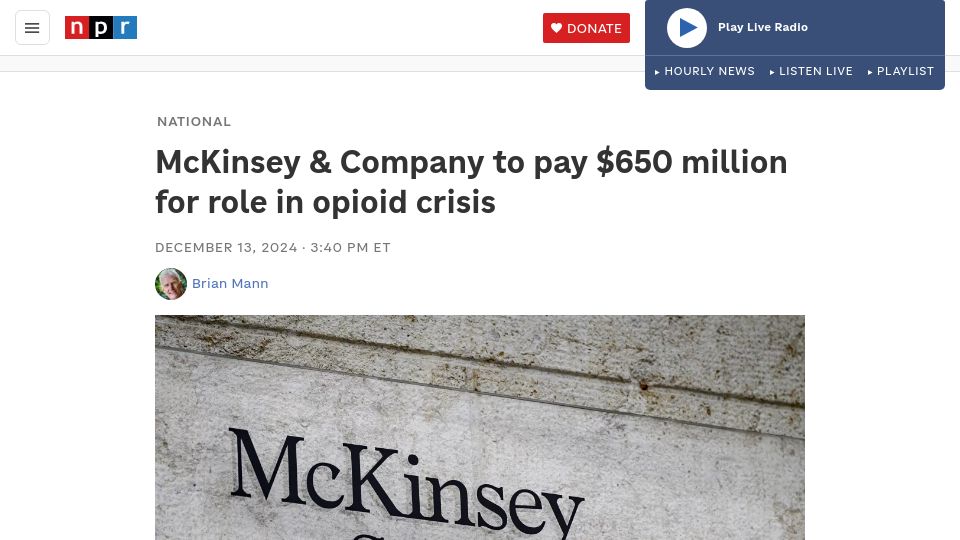 Screenshot of npr.org: McKinsey and Company to pay $650M for role in opioid crisis