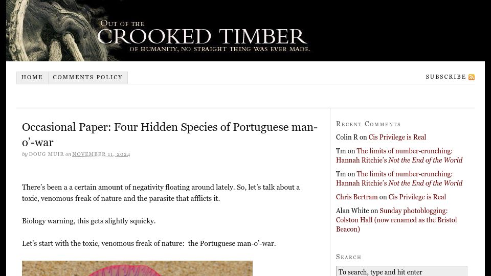 Screenshot of crookedtimber.org: Four Hidden Species of Portuguese Man-O'-War