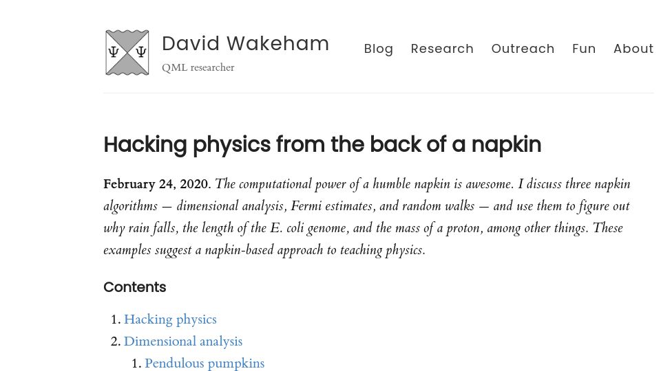 Screenshot of hapax.github.io: Hacking physics from the back of a napkin (2020)