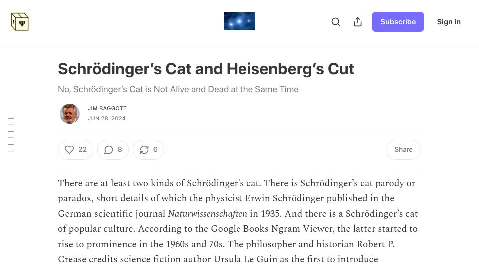 Screenshot of jimbaggott.substack.com: Schrödinger's Cat and Heisenberg's Cut