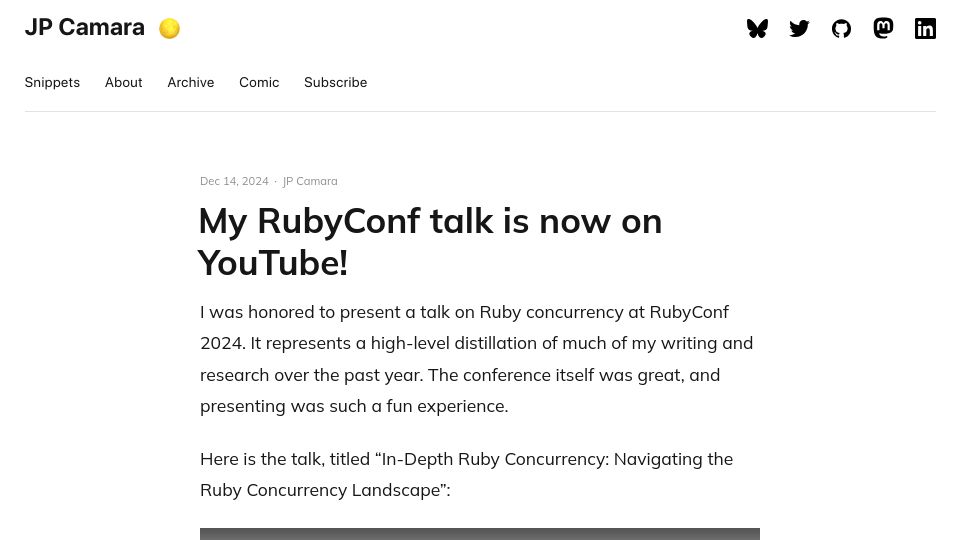 Screenshot of jpcamara.com: In-Depth Ruby Concurrency: Navigating the Ruby Concurrency Landscape