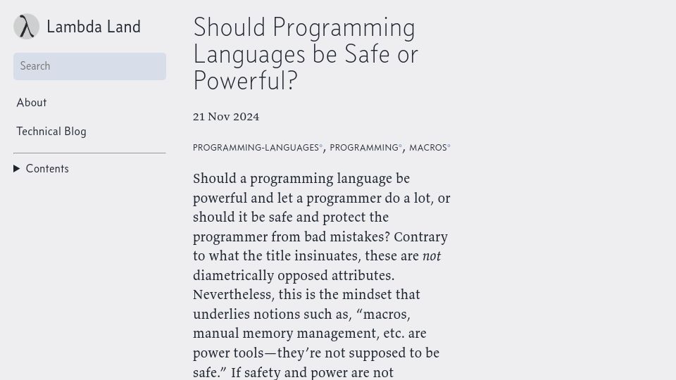 Screenshot of lambdaland.org: Should programming languages be safe or powerful?