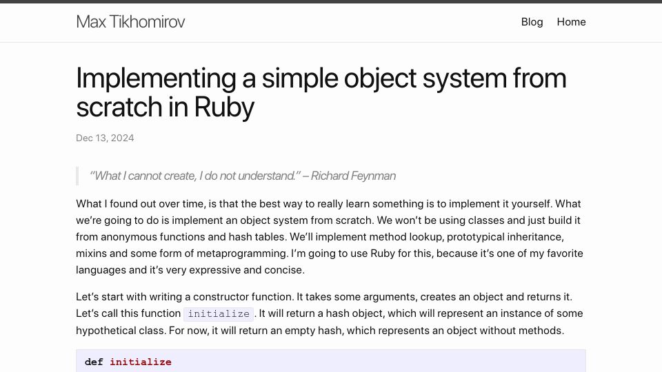 Screenshot of metacircu1ar.github.io: Implementing a simple object system from scratch in Ruby