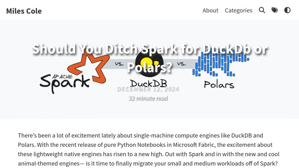 Screenshot of milescole.dev: Should you ditch Spark for DuckDB or Polars?