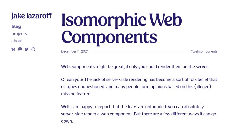 Screenshot of jakelazaroff.com: Isomorphic Web Components