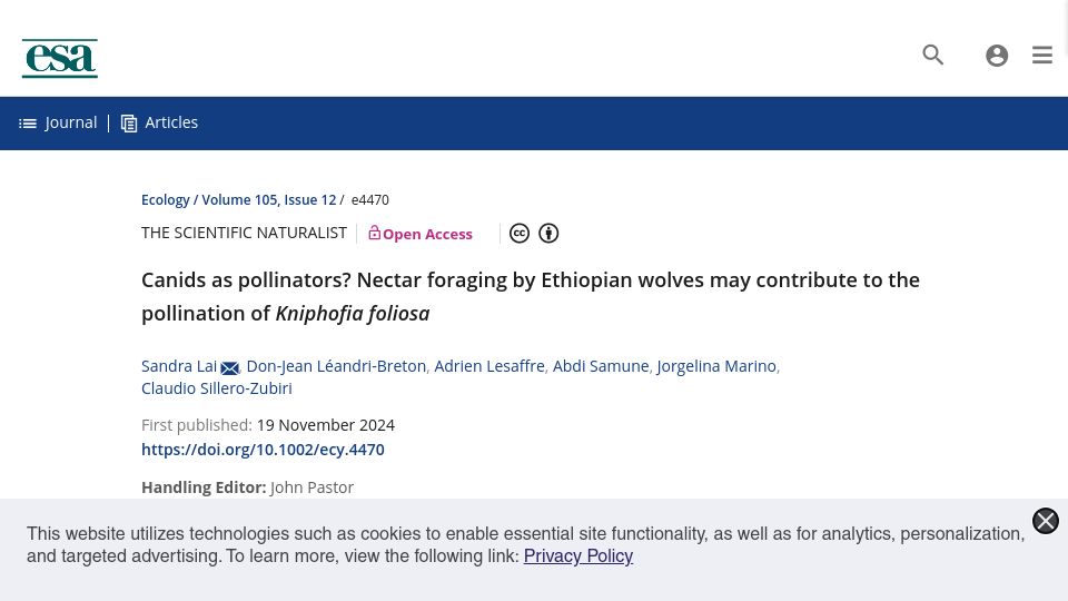 Screenshot of esajournals.onlinelibrary.wiley.com: Canids as Pollinators?