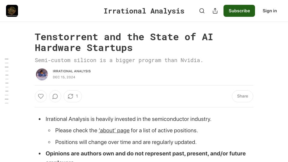 Screenshot of irrationalanalysis.substack.com: Tenstorrent and the State of AI Hardware Startups