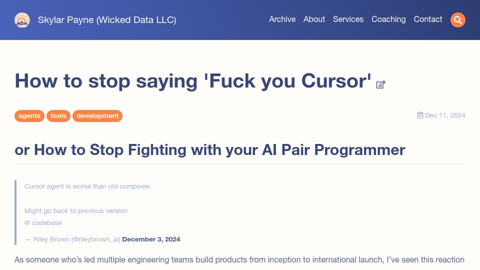 Screenshot of skylarbpayne.com: How to stop fighting with your AI pair programmer