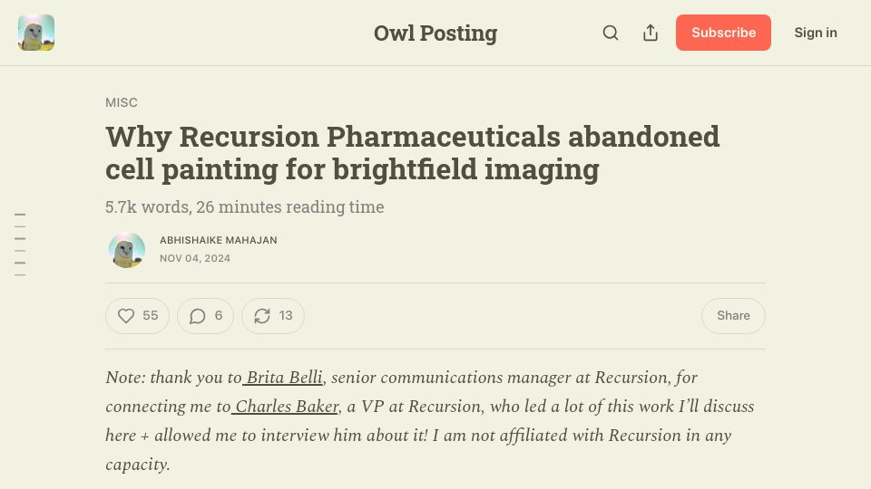 Screenshot of owlposting.com: Why Recursion Pharmaceuticals abandoned cell painting for brightfield imaging