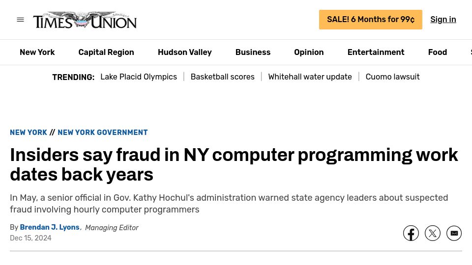 Screenshot of timesunion.com: Insiders say fraud in NY computer programming work dates back years