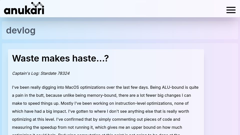 Screenshot of anukari.com: Waste Makes Haste?